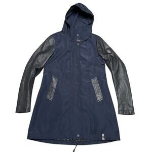 RUDSAK Women’s Two Tone Nylon Long Rain Coat - Nylon Leather Navy Black‎ - P / S